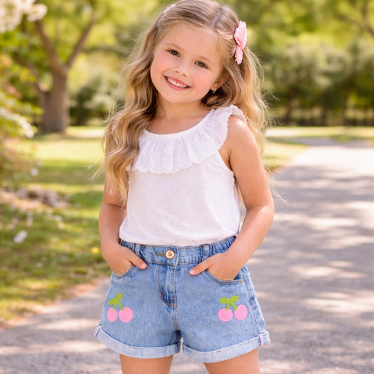 LITTLE KANGAROO Girls Ice Blue Denim Shorts with Cherry Embroidery – Cute Summer Shorts for Kids (1–6 Years)