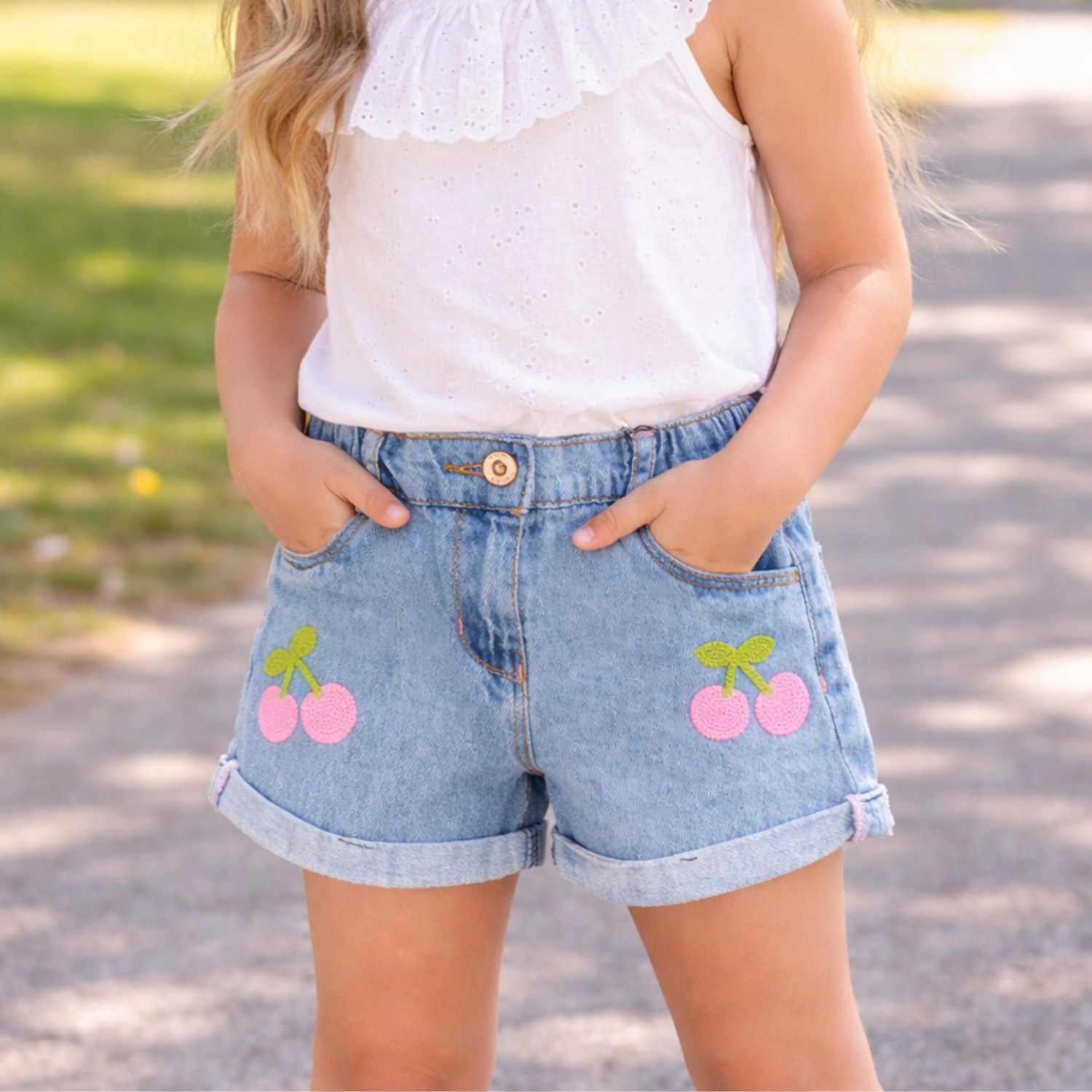 LITTLE KANGAROO Girls Ice Blue Denim Shorts with Cherry Embroidery – Cute Summer Shorts for Kids (1–6 Years)