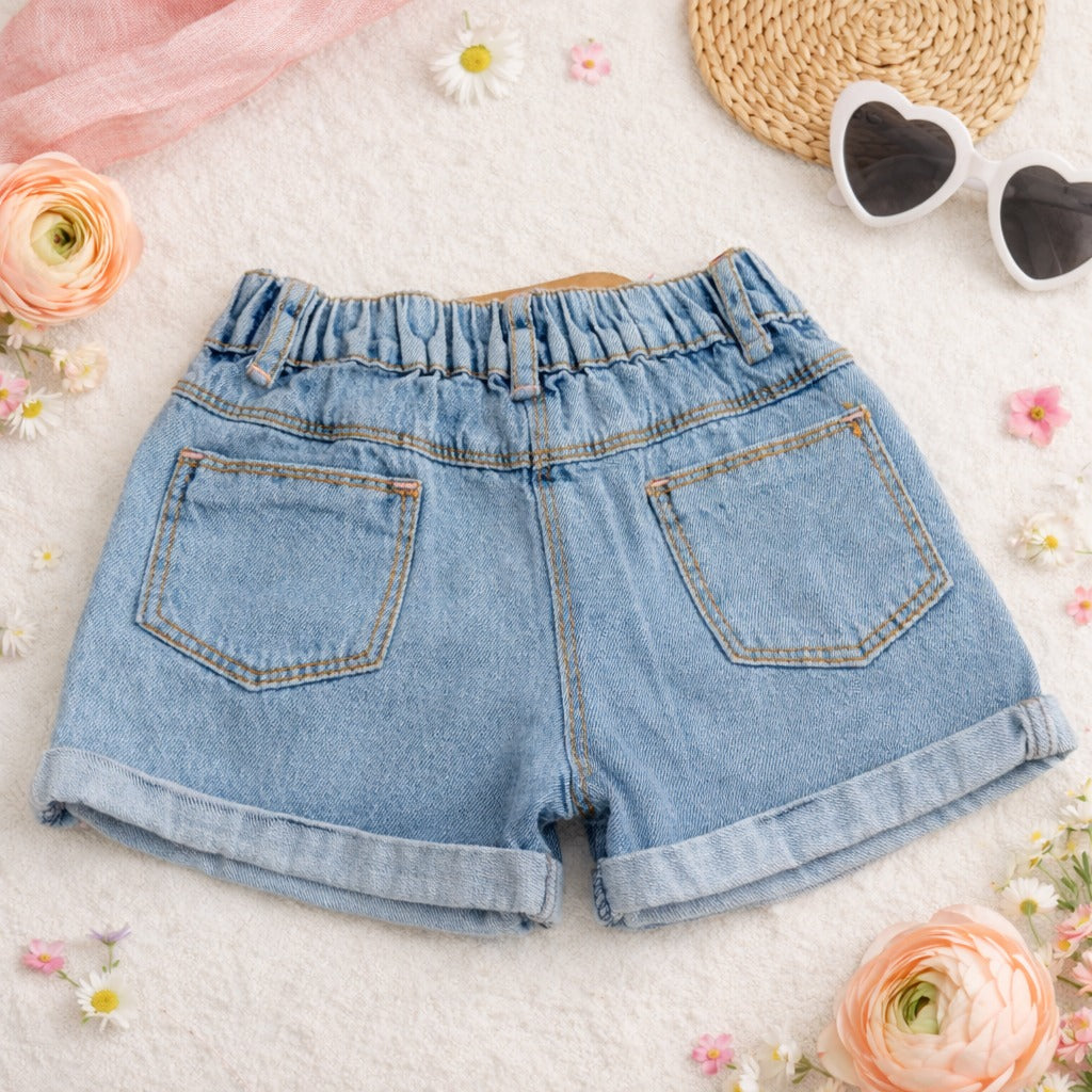 LITTLE KANGAROO Girls Ice Blue Denim Shorts with Cherry Embroidery – Cute Summer Shorts for Kids (1–6 Years)