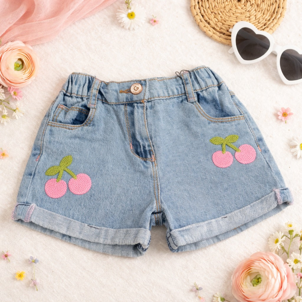 LITTLE KANGAROO Girls Ice Blue Denim Shorts with Cherry Embroidery – Cute Summer Shorts for Kids (1–6 Years)