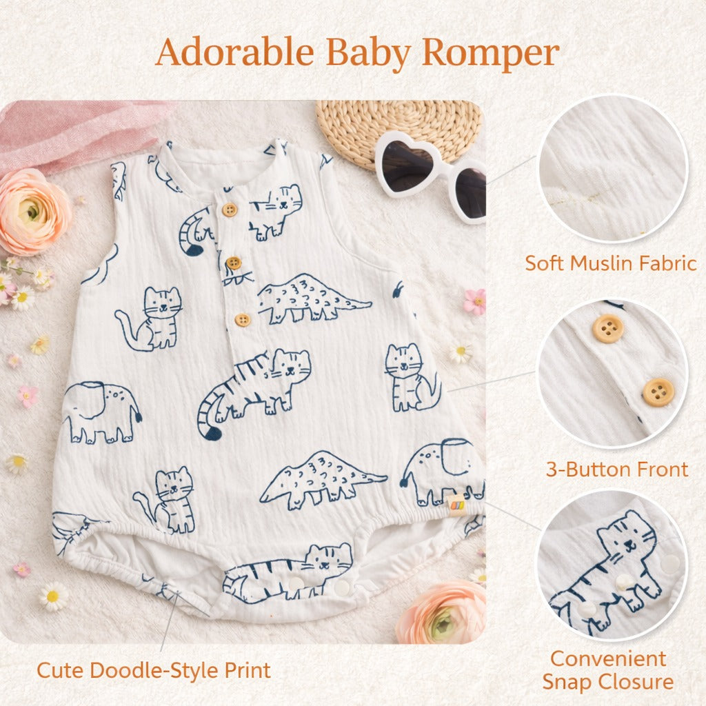 Little Kangaroo Baby Animal Print Sleeveless Romper – Soft Cotton Summer Onesie for Infants (3–12 Months)