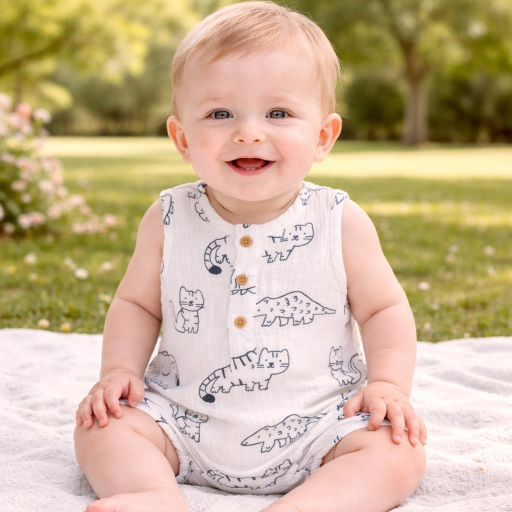 Little Kangaroo Baby Animal Print Sleeveless Romper – Soft Cotton Summer Onesie for Infants (3–12 Months)