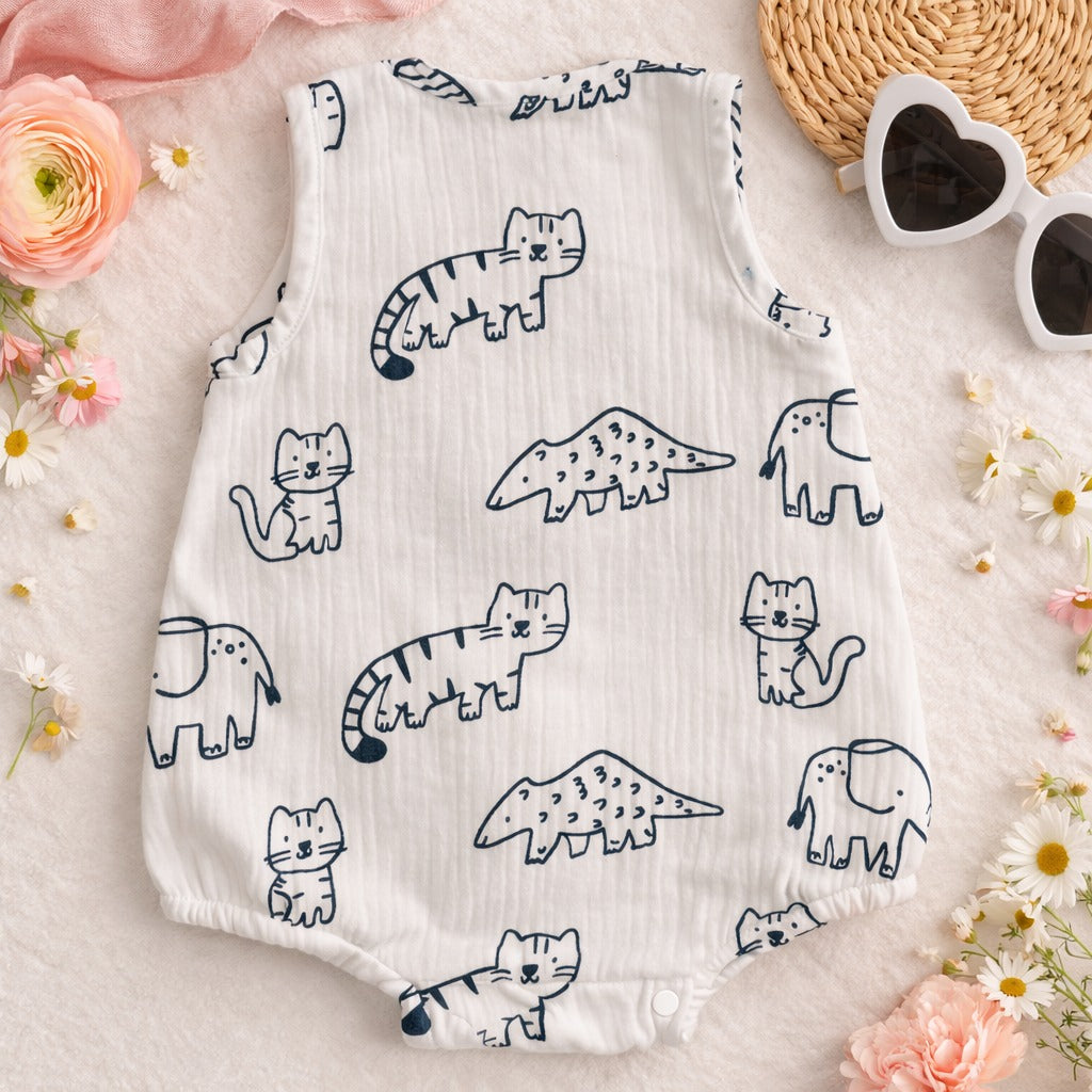 Little Kangaroo Baby Animal Print Sleeveless Romper – Soft Cotton Summer Onesie for Infants (3–12 Months)