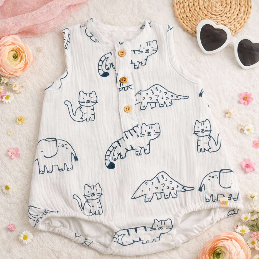 Little Kangaroo Baby Animal Print Sleeveless Romper – Soft Cotton Summer Onesie for Infants (3–12 Months)
