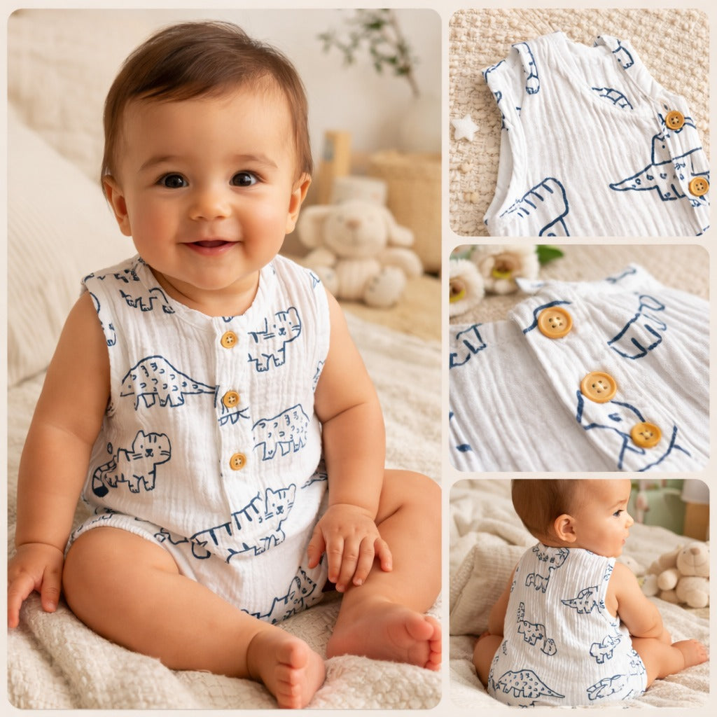 Little Kangaroo Baby Animal Print Sleeveless Romper – Soft Cotton Summer Onesie for Infants (3–12 Months)