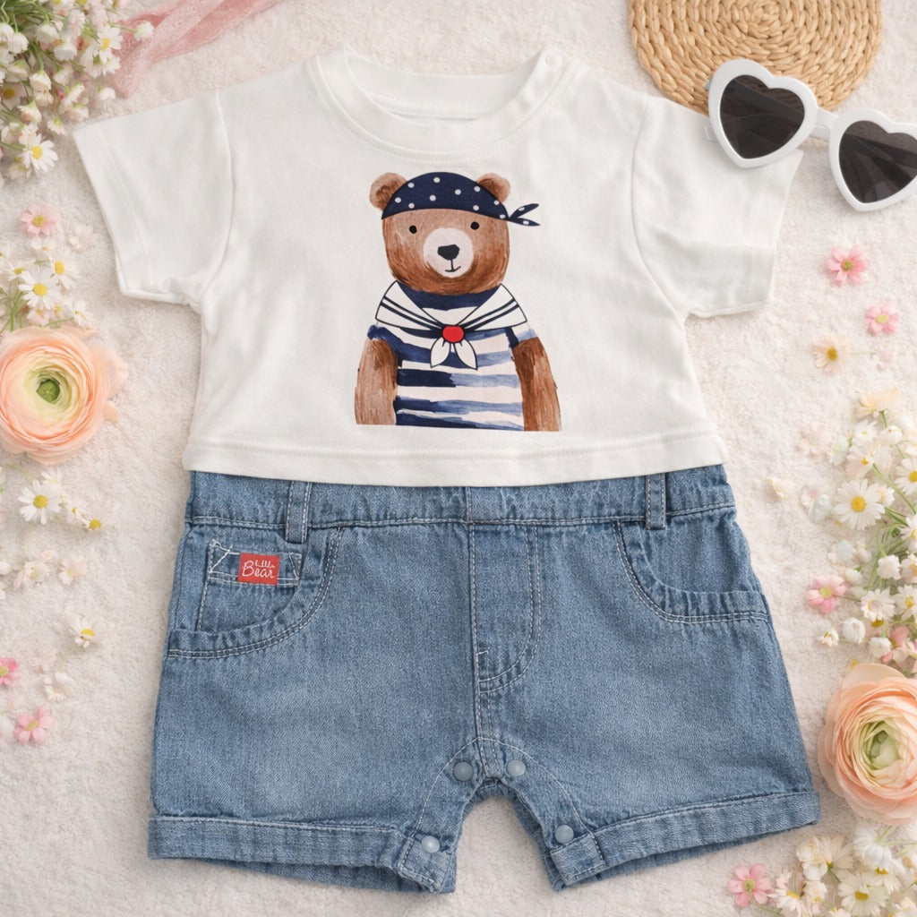 Little Kangaroo Baby Bear Print T-Shirt & Denim Shorts Set – Cute Summer Outfit for Babies (6–24 Months)