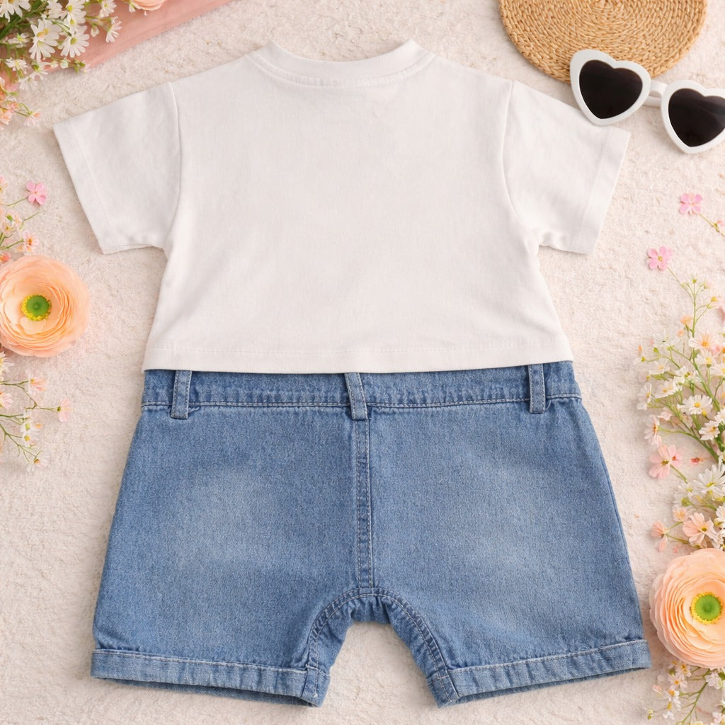 Little Kangaroo Baby Bear Print T-Shirt & Denim Shorts Set – Cute Summer Outfit for Babies (6–24 Months)