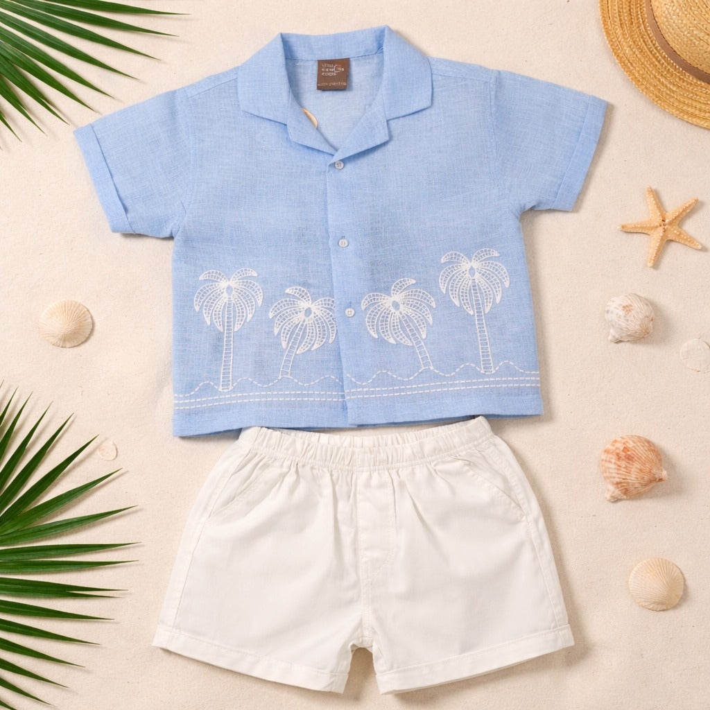 LITTLE KANGAROO Baby Boys Summer Shirt & Shorts Set | Palm Tree Printed Half Sleeve Shirt with Elastic Waist Shorts | Cotton Kids Outfit Set | 6-24 Months
