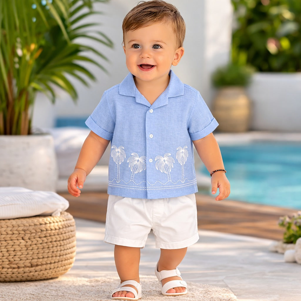 LITTLE KANGAROO Baby Boys Summer Shirt & Shorts Set | Palm Tree Printed Half Sleeve Shirt with Elastic Waist Shorts | Cotton Kids Outfit Set | 6-24 Months
