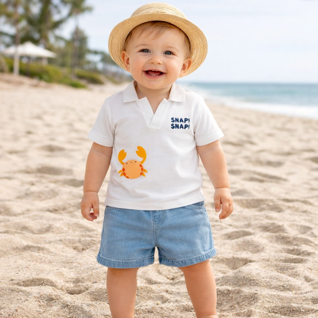 LITTLE KANGAROO Baby Boys Cotton T-Shirt & Denim Shorts Set | Crab Print Summer Outfit for Babies | Soft Comfortable Casual Wear | 2-Piece Clothing Set | 6–24 Months | White