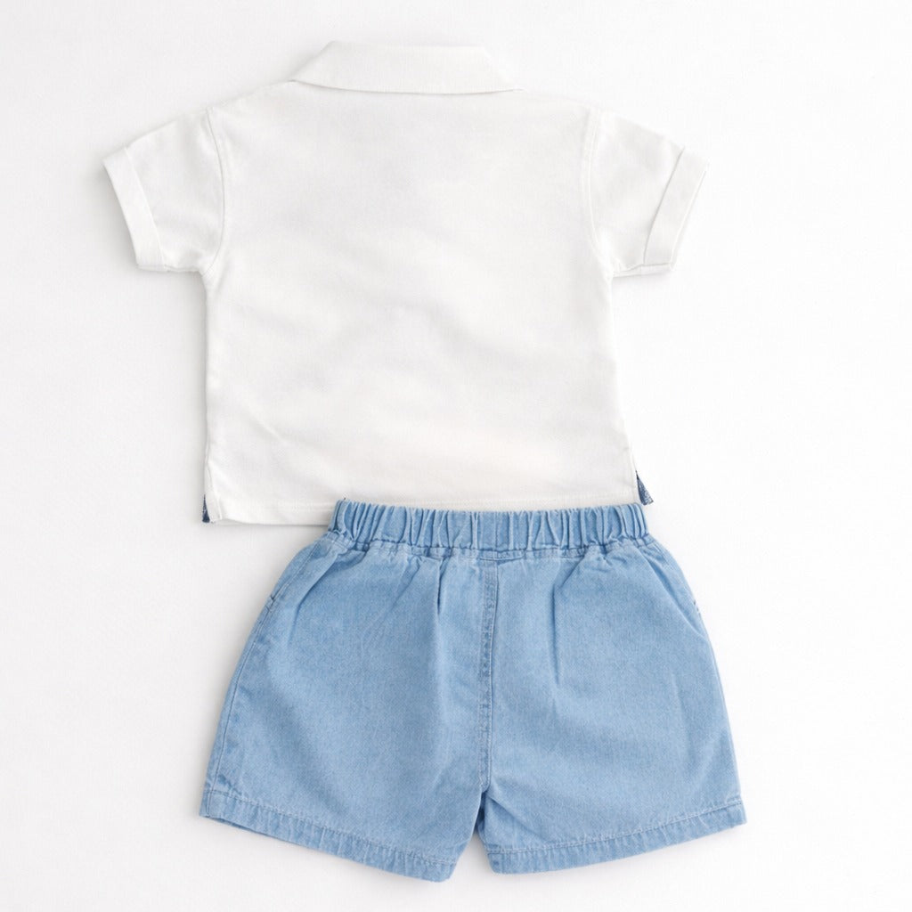 LITTLE KANGAROO Baby Boys Cotton T-Shirt & Denim Shorts Set | Crab Print Summer Outfit for Babies | Soft Comfortable Casual Wear | 2-Piece Clothing Set | 6–24 Months | White