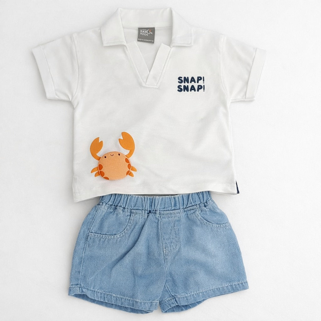 LITTLE KANGAROO Baby Boys Cotton T-Shirt & Denim Shorts Set | Crab Print Summer Outfit for Babies | Soft Comfortable Casual Wear | 2-Piece Clothing Set | 6–24 Months | White