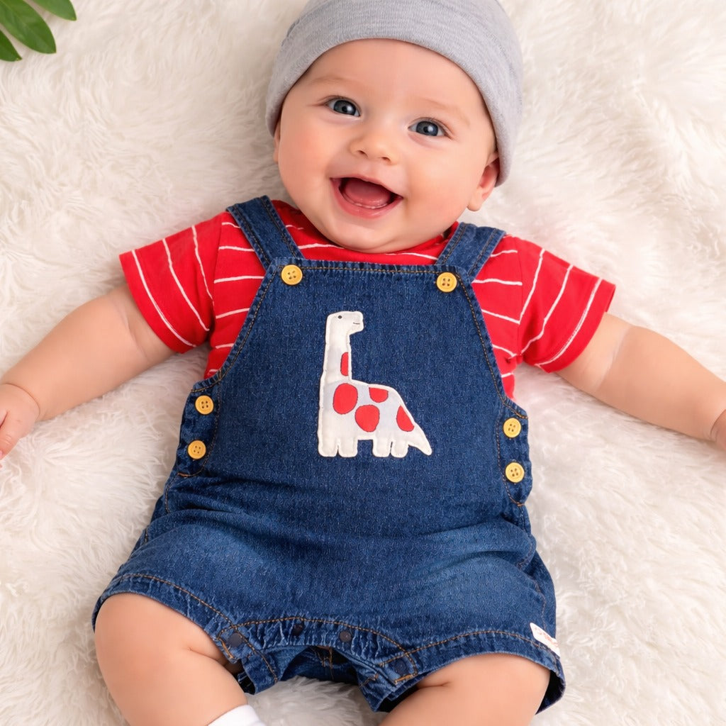 LITTLE KANGAROO Baby Boys Denim Dungaree Romper with Striped T-Shirt | Dinosaur Print Denim Outfit Set for Babies | Casual Summer Wear | Soft Comfortable Clothing | 6–24 Months | Dark Blue