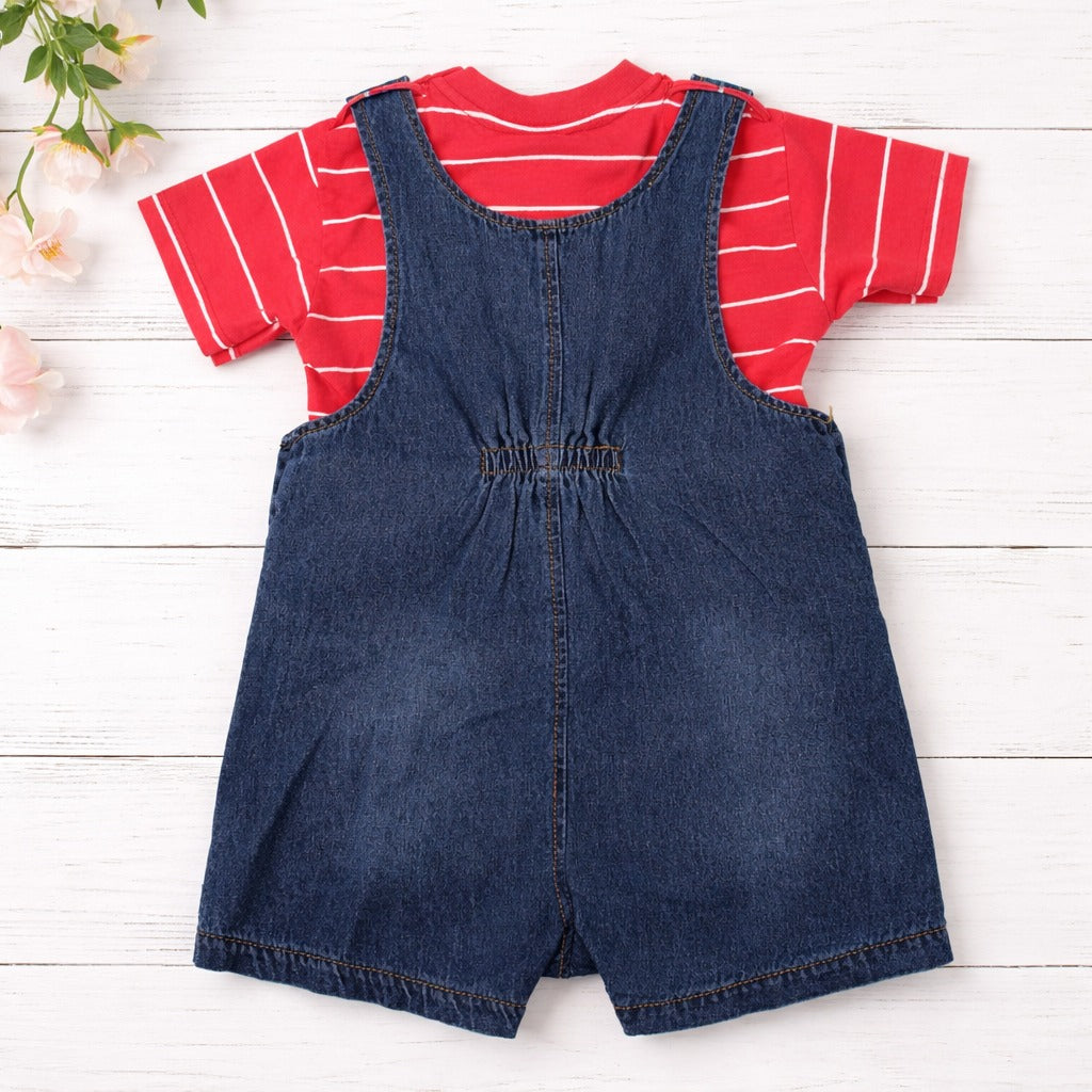 LITTLE KANGAROO Baby Boys Denim Dungaree Romper with Striped T-Shirt | Dinosaur Print Denim Outfit Set for Babies | Casual Summer Wear | Soft Comfortable Clothing | 6–24 Months | Dark Blue
