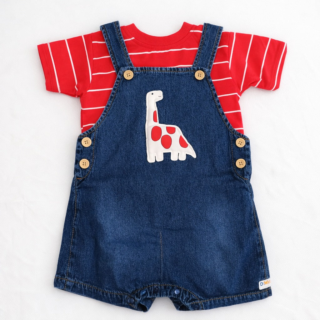 LITTLE KANGAROO Baby Boys Denim Dungaree Romper with Striped T-Shirt | Dinosaur Print Denim Outfit Set for Babies | Casual Summer Wear | Soft Comfortable Clothing | 6–24 Months | Dark Blue