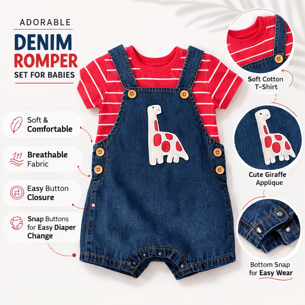 LITTLE KANGAROO Baby Boys Denim Dungaree Romper with Striped T-Shirt | Dinosaur Print Denim Outfit Set for Babies | Casual Summer Wear | Soft Comfortable Clothing | 6–24 Months | Dark Blue