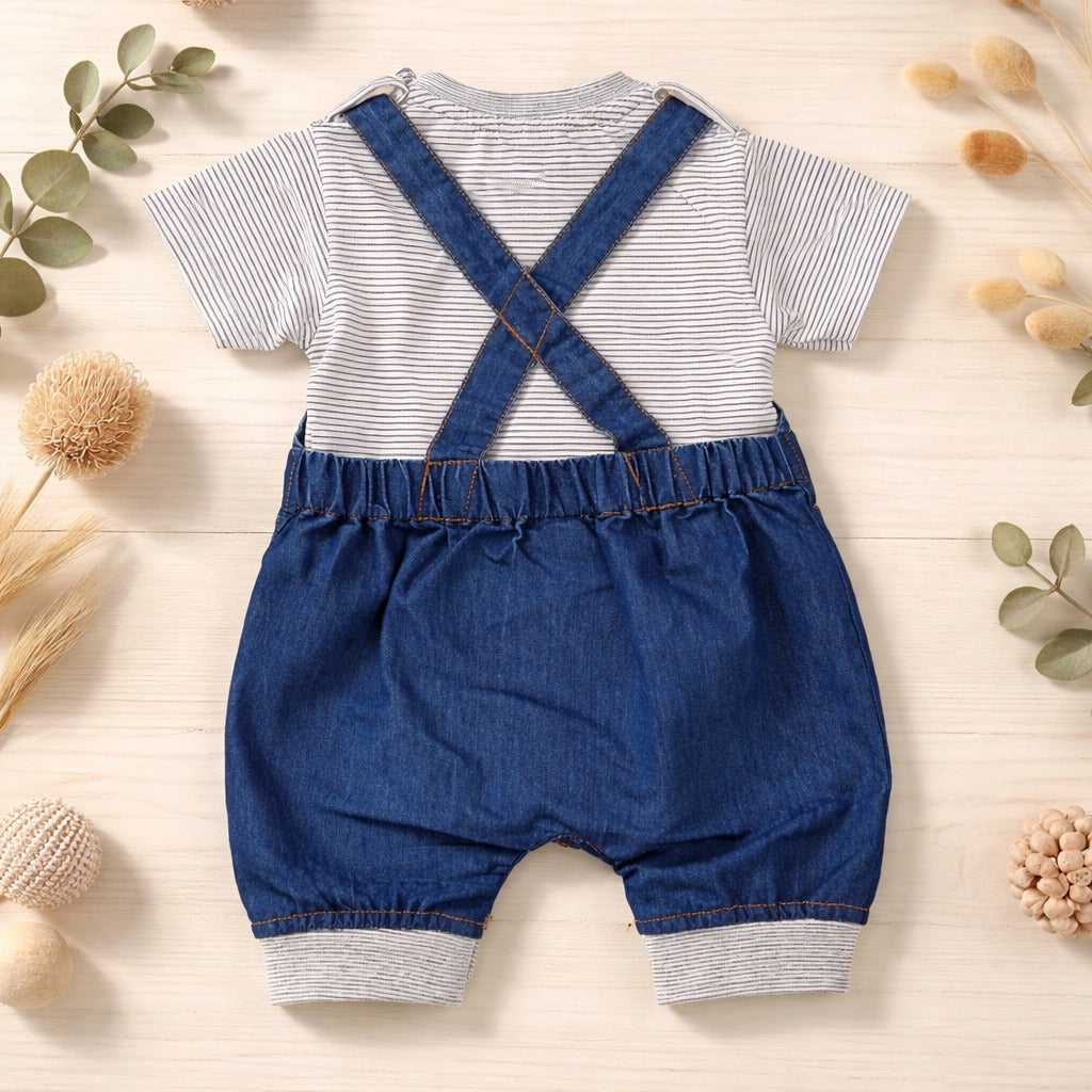 LITTLE KANGAROO Baby Boys Denim Dungaree Romper with Striped Shirt | Cute Crab Patch Summer Outfit Set | Soft Cotton & Denim Comfortable Baby Wear | 3–18 Months | Dark Blue & Light Blue