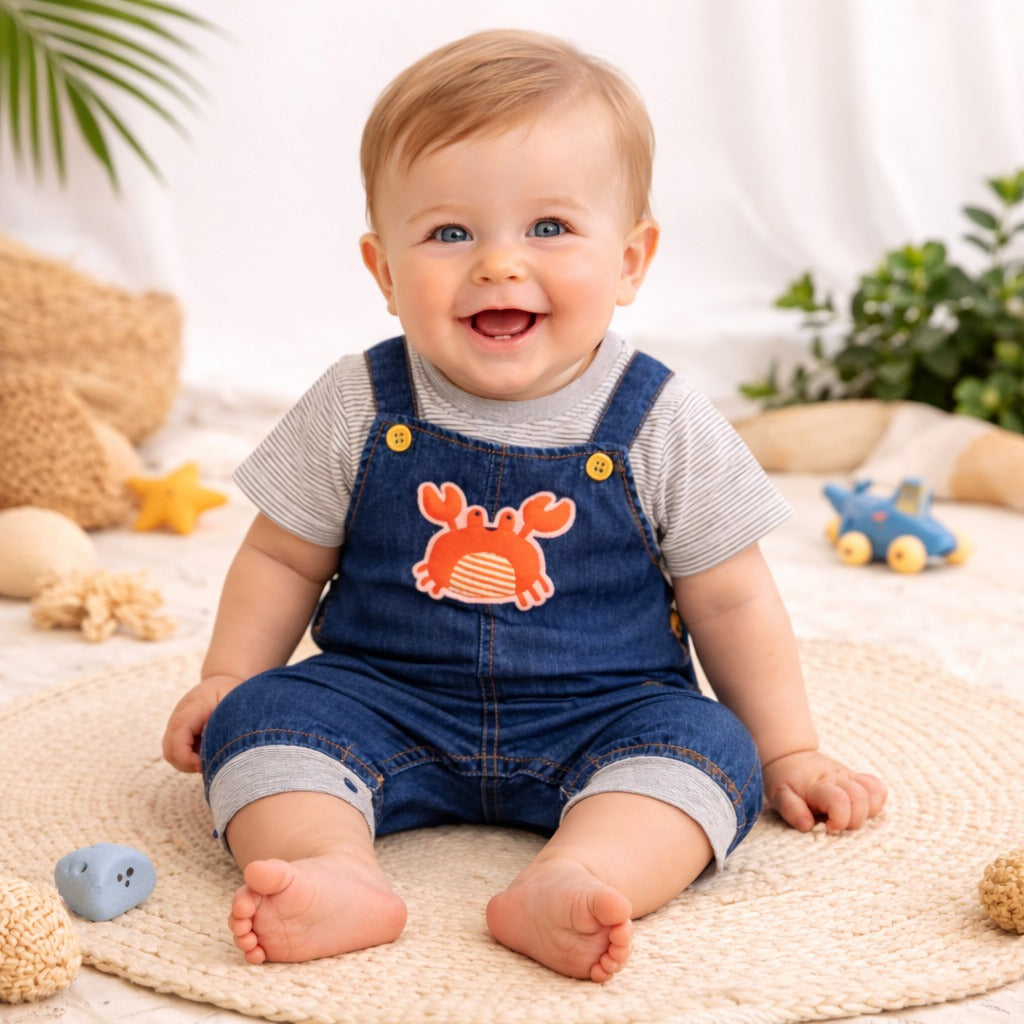 LITTLE KANGAROO Baby Boys Denim Dungaree Romper with Striped Shirt | Cute Crab Patch Summer Outfit Set | Soft Cotton & Denim Comfortable Baby Wear | 3–18 Months | Dark Blue & Light Blue