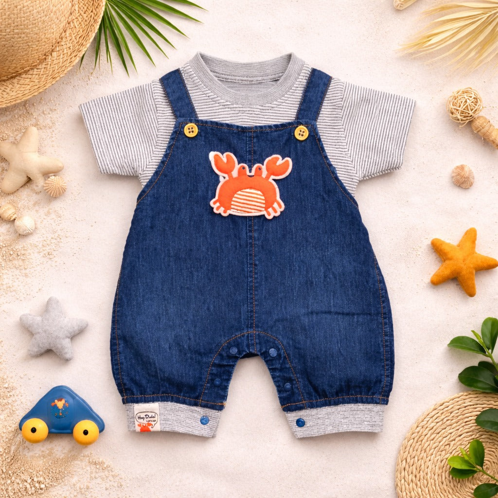 LITTLE KANGAROO Baby Boys Denim Dungaree Romper with Striped Shirt | Cute Crab Patch Summer Outfit Set | Soft Cotton & Denim Comfortable Baby Wear | 3–18 Months | Dark Blue & Light Blue