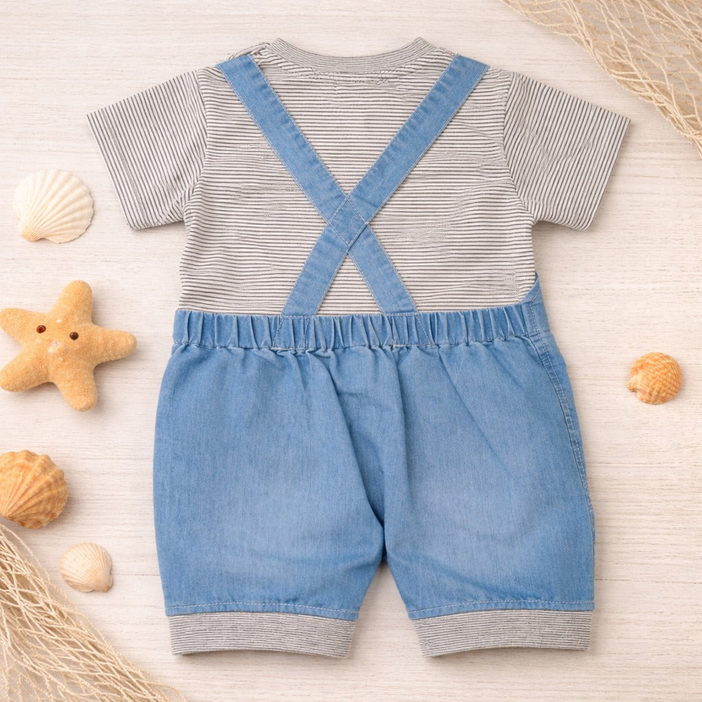 LITTLE KANGAROO Baby Boys Denim Dungaree Romper with Striped Shirt | Cute Crab Patch Summer Outfit Set | Soft Cotton & Denim Comfortable Baby Wear | 3–18 Months | Dark Blue & Light Blue