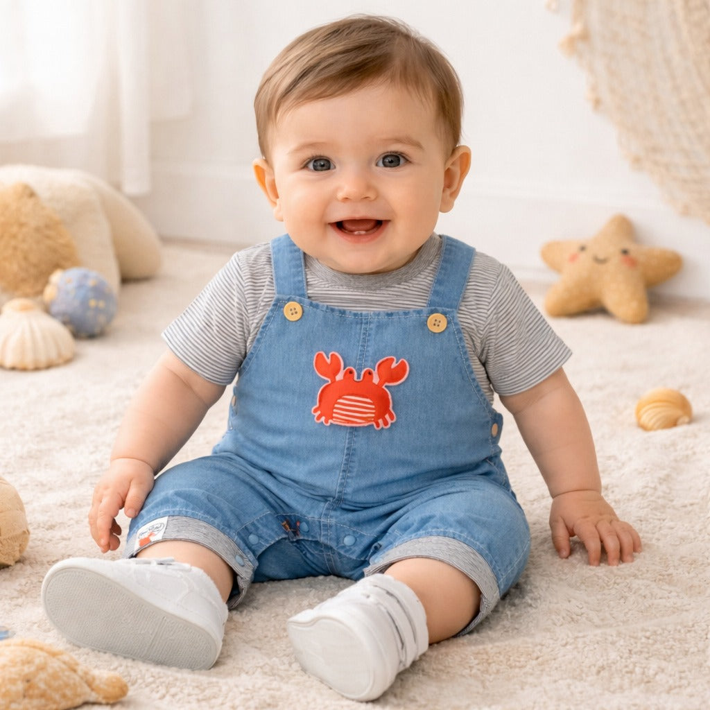 LITTLE KANGAROO Baby Boys Denim Dungaree Romper with Striped Shirt | Cute Crab Patch Summer Outfit Set | Soft Cotton & Denim Comfortable Baby Wear | 3–18 Months | Dark Blue & Light Blue
