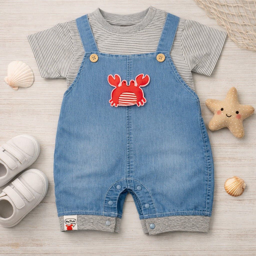 LITTLE KANGAROO Baby Boys Denim Dungaree Romper with Striped Shirt | Cute Crab Patch Summer Outfit Set | Soft Cotton & Denim Comfortable Baby Wear | 3–18 Months | Dark Blue & Light Blue