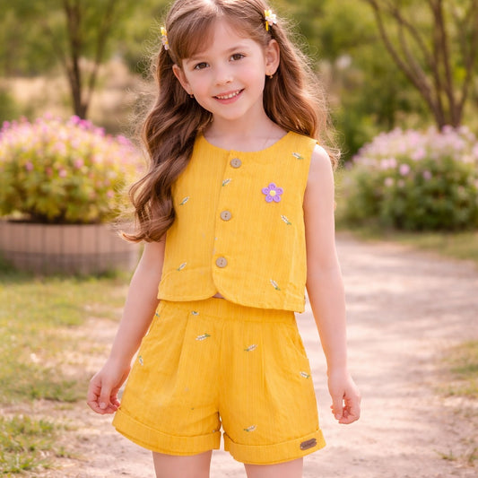 ORRIGANY Baby Girls Gold Co-Ord Set | Sleeveless Embroidered Top & Shorts Summer Outfit (9 Months – 3 Years)