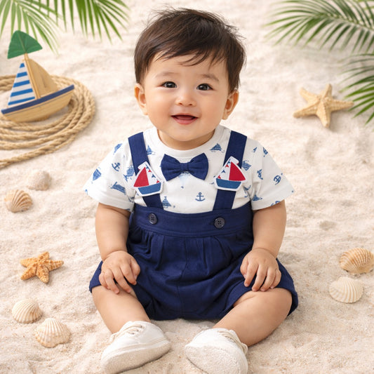 TOFFY HOUSE Baby Boys Navy Suspender Shorts Set with Printed T-Shirt (Newborn to 9 Months)
