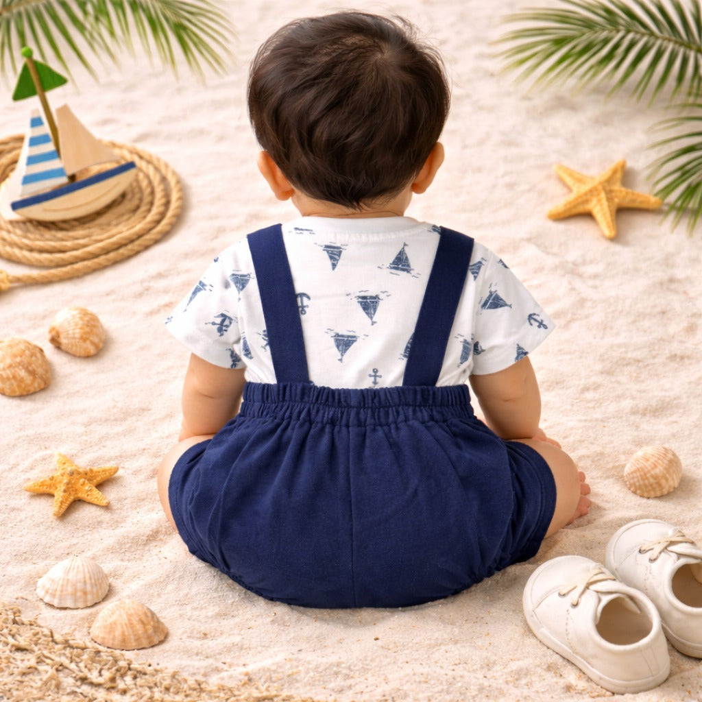 TOFFY HOUSE Baby Boys Navy Suspender Shorts Set with Printed T-Shirt (Newborn to 9 Months)