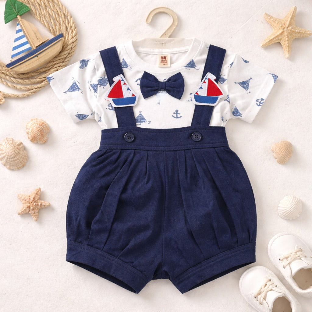 TOFFY HOUSE Baby Boys Navy Suspender Shorts Set with Printed T-Shirt (Newborn to 9 Months)