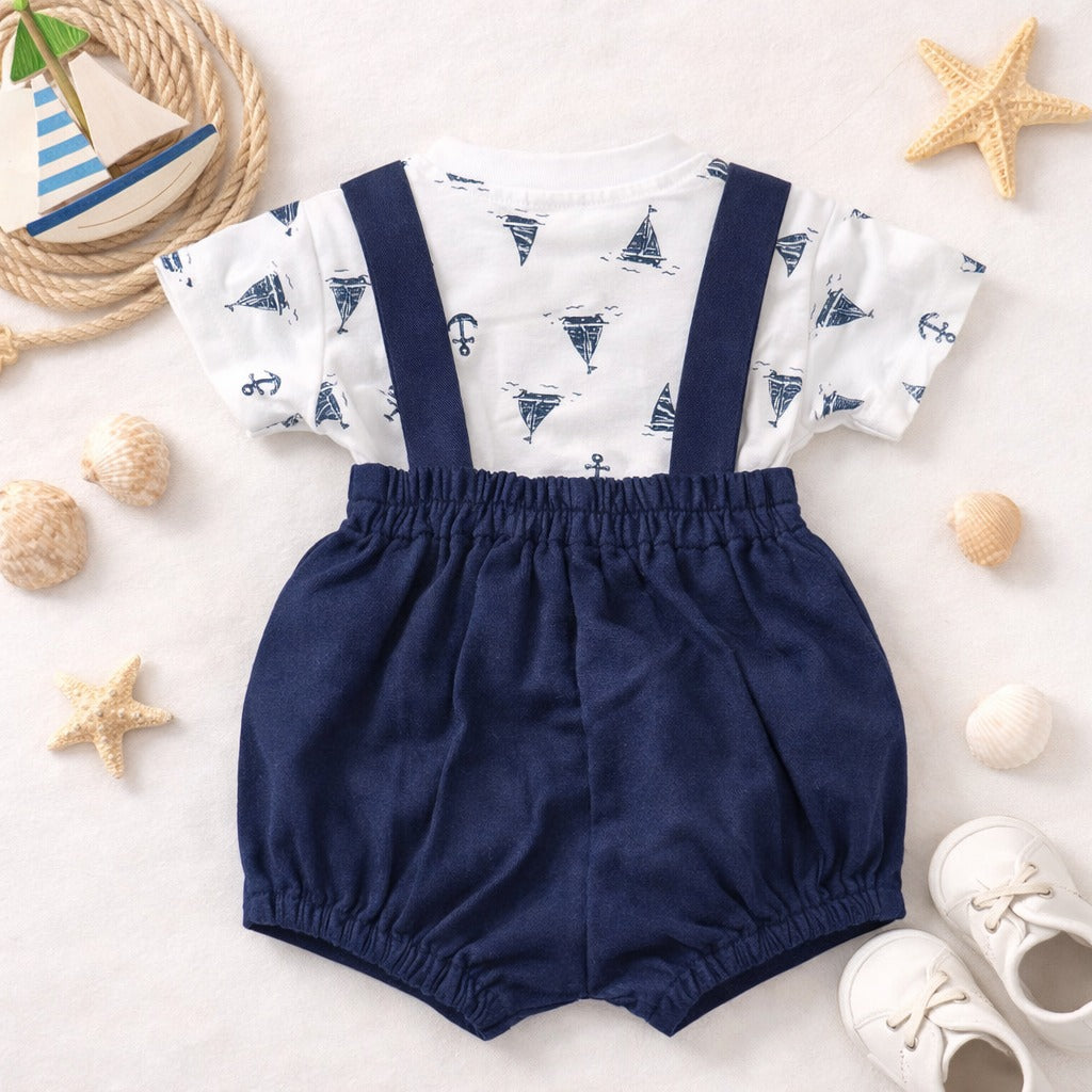 TOFFY HOUSE Baby Boys Navy Suspender Shorts Set with Printed T-Shirt (Newborn to 9 Months)