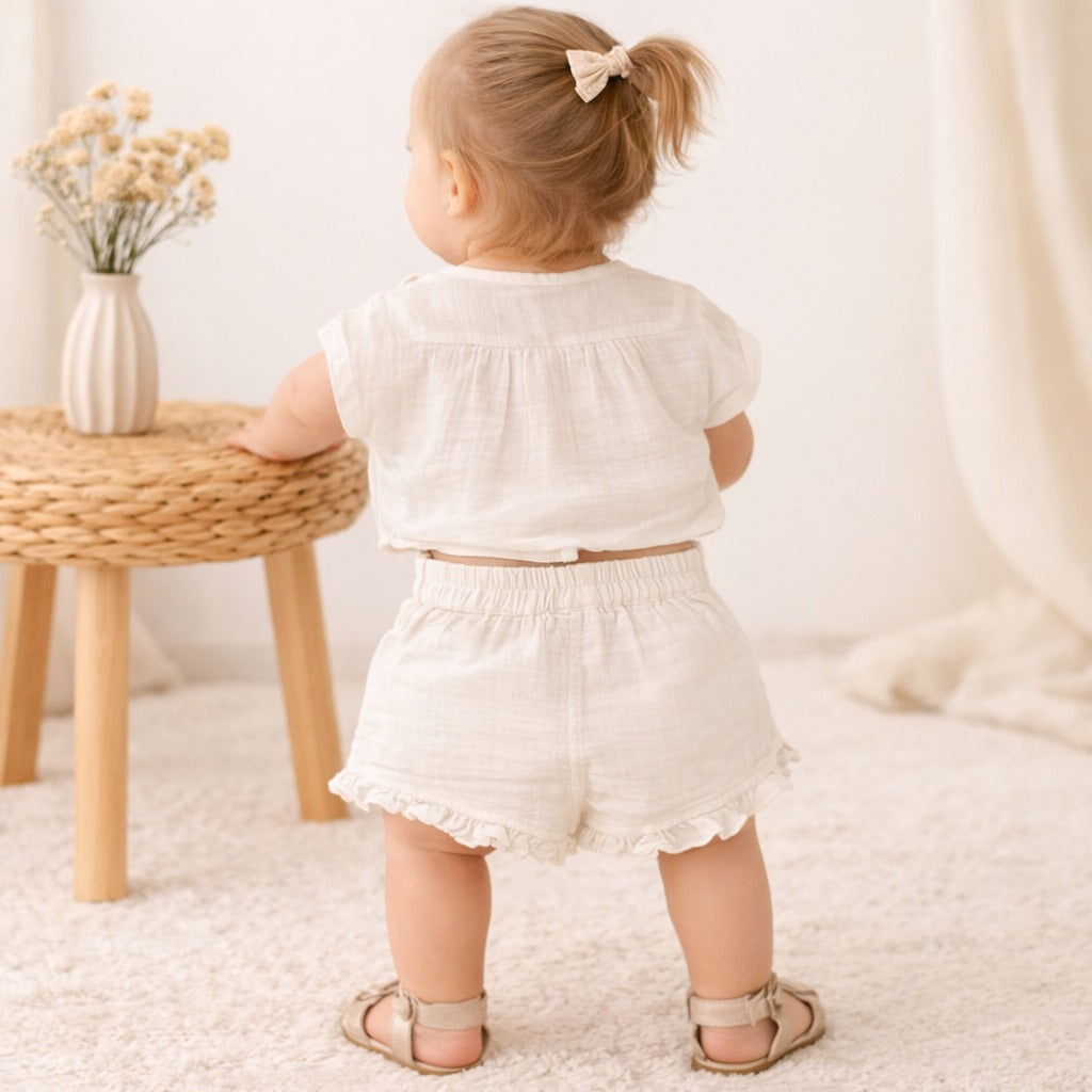 TOFFY HOUSE Baby Girls Cream Cotton Co-Ord Set (Top & Shorts) | Soft Summer Outfit | 9 Months to 3 Years