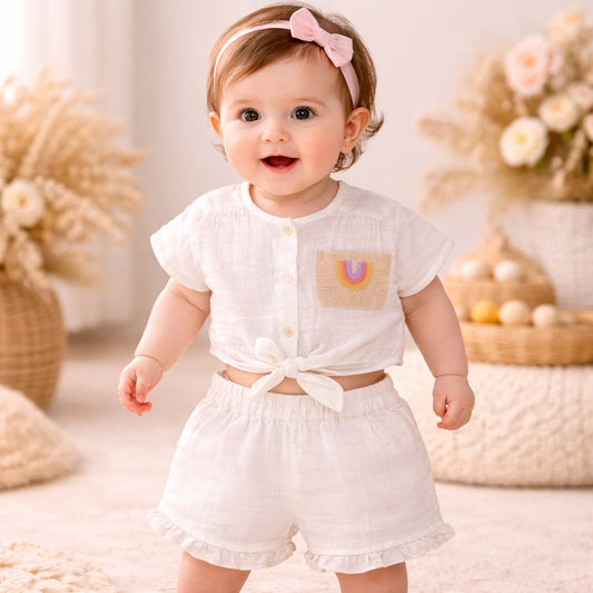 TOFFY HOUSE Baby Girls Cream Cotton Co-Ord Set (Top & Shorts) | Soft Summer Outfit | 9 Months to 3 Years