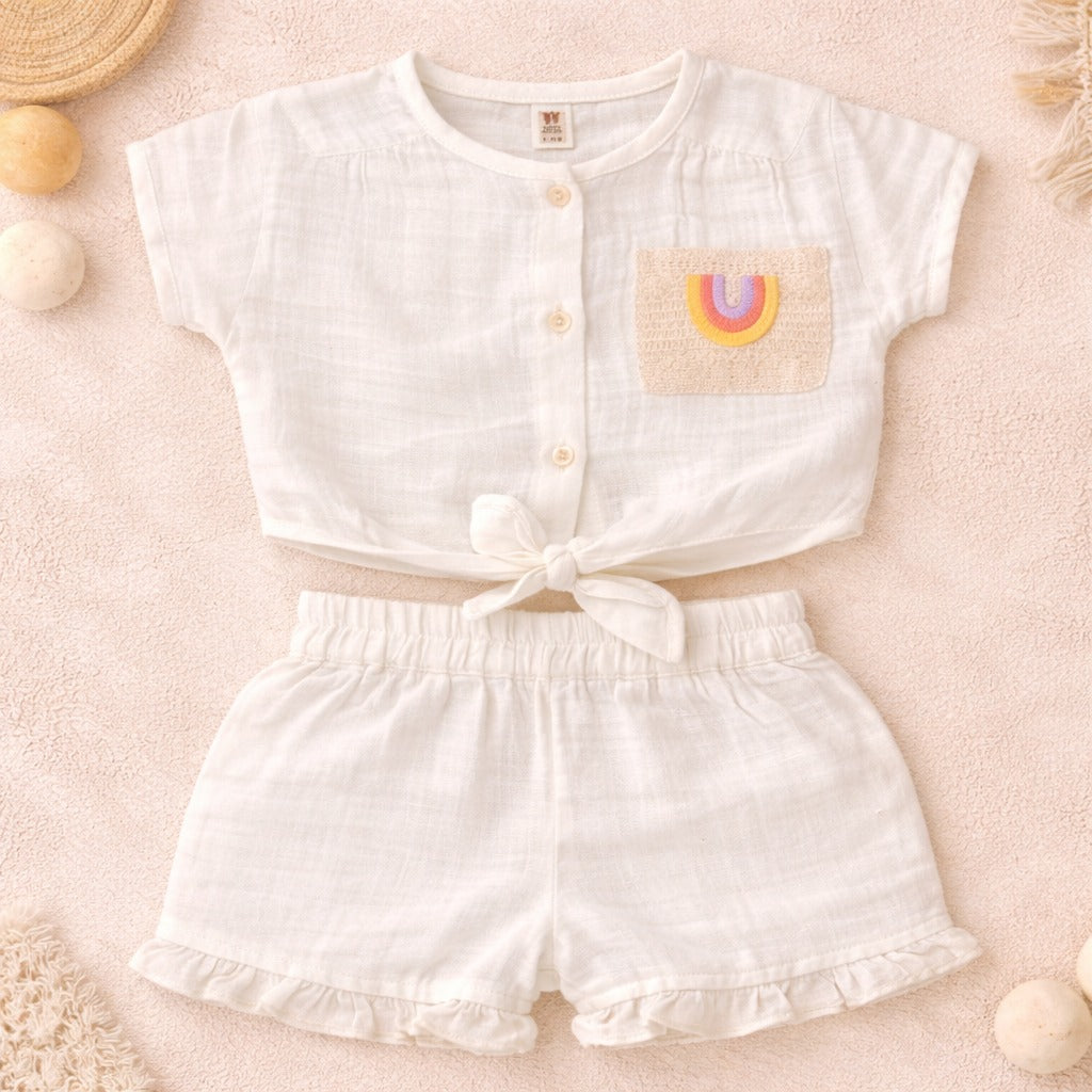 TOFFY HOUSE Baby Girls Cream Cotton Co-Ord Set (Top & Shorts) | Soft Summer Outfit | 9 Months to 3 Years