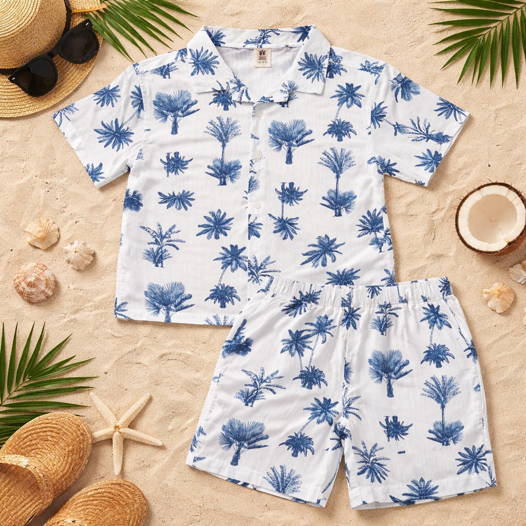 TOFFY HOUSE Baby Boys White & Blue Palm Print Cotton Co-Ord Set (Shirt & Shorts) | Summer Beach Outfit | 9 Months to 5 Years