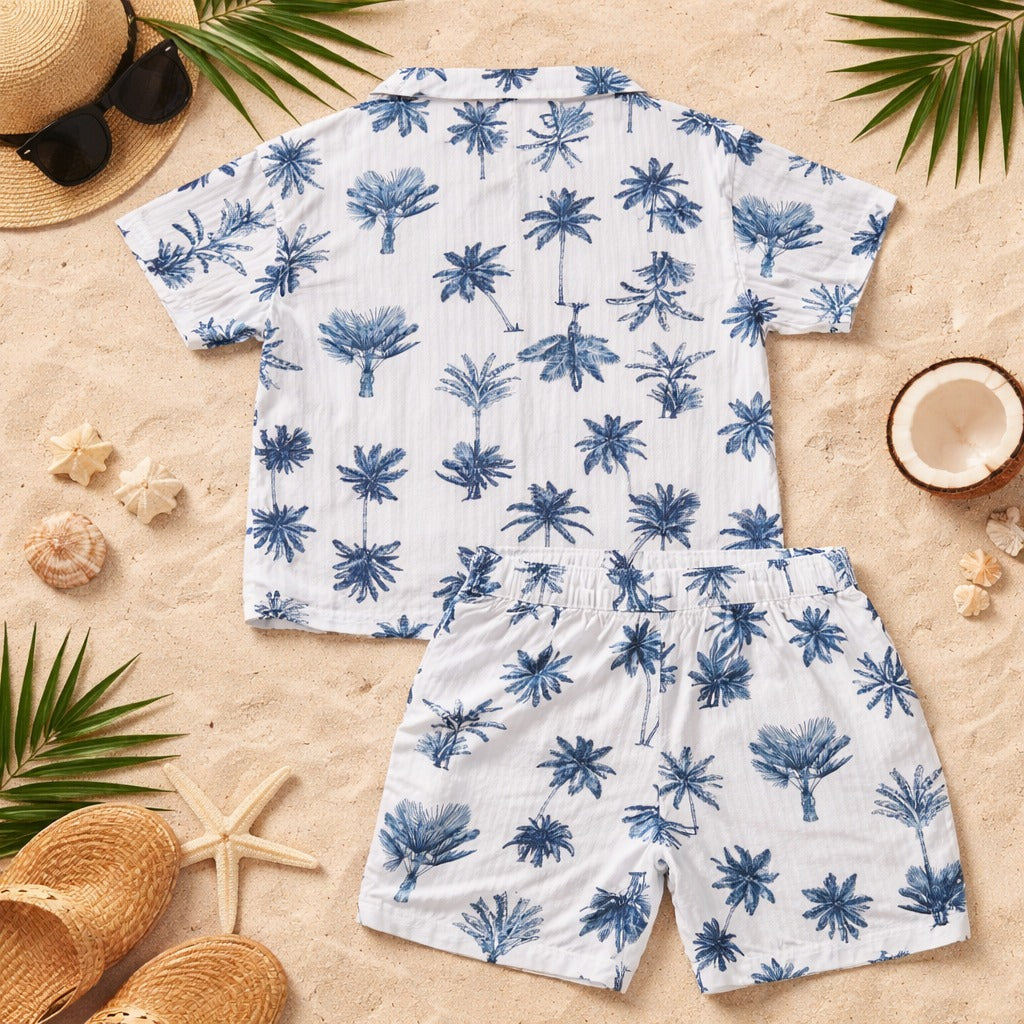 TOFFY HOUSE Baby Boys White & Blue Palm Print Cotton Co-Ord Set (Shirt & Shorts) | Summer Beach Outfit | 9 Months to 5 Years