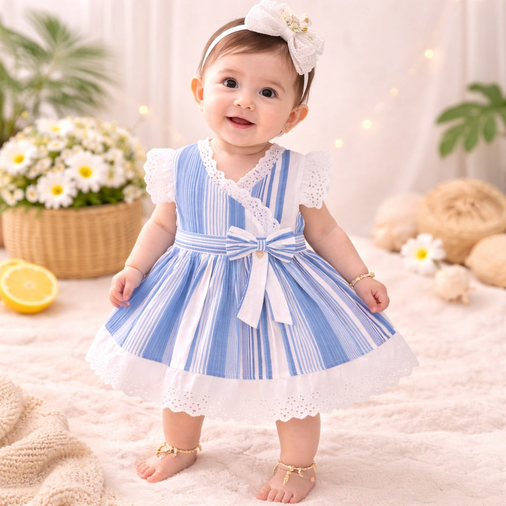 TOFFY HOUSE Baby Girls Blue & White Striped Dress with Bloomer Set | Lace Party Dress | 9 Months to 3 Years