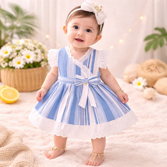 TOFFY HOUSE Baby Girls Blue & White Striped Dress with Bloomer Set | Lace Party Dress | 9 Months to 3 Years
