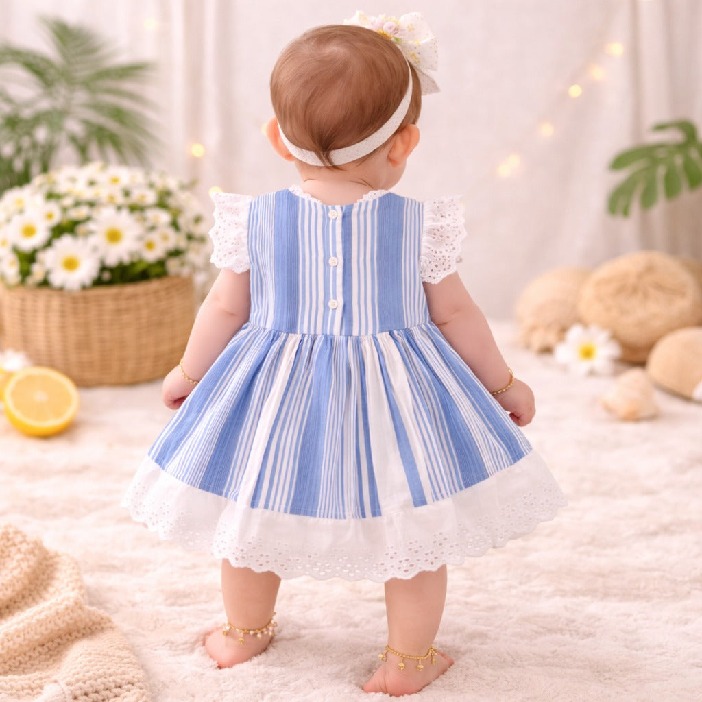 TOFFY HOUSE Baby Girls Blue & White Striped Dress with Bloomer Set | Lace Party Dress | 9 Months to 3 Years