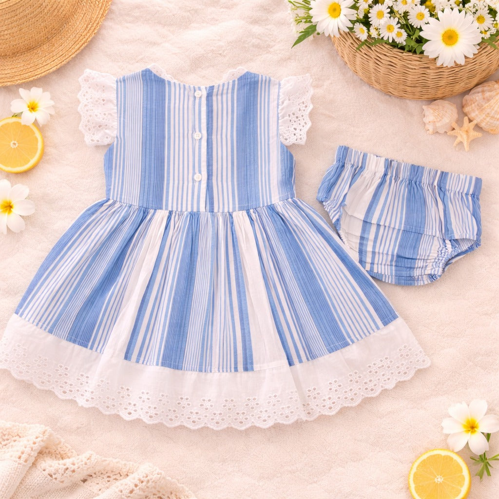 TOFFY HOUSE Baby Girls Blue & White Striped Dress with Bloomer Set | Lace Party Dress | 9 Months to 3 Years