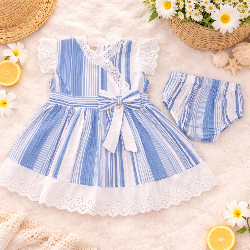 TOFFY HOUSE Baby Girls Blue & White Striped Dress with Bloomer Set | Lace Party Dress | 9 Months to 3 Years