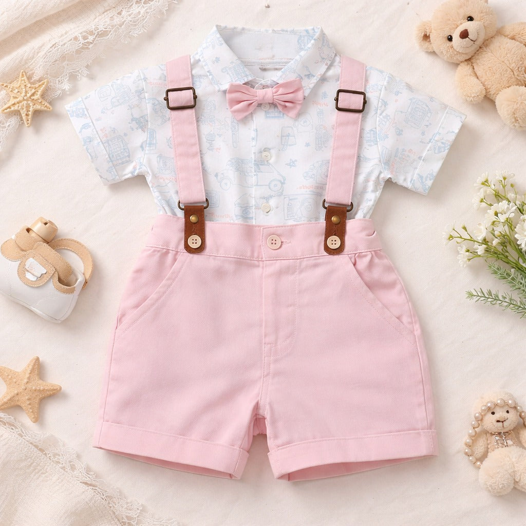 TOFFY HOUSE Baby Boys Pink Suspender Shorts Set with Bow Tie | Formal Party Outfit | 0 to 9 Months