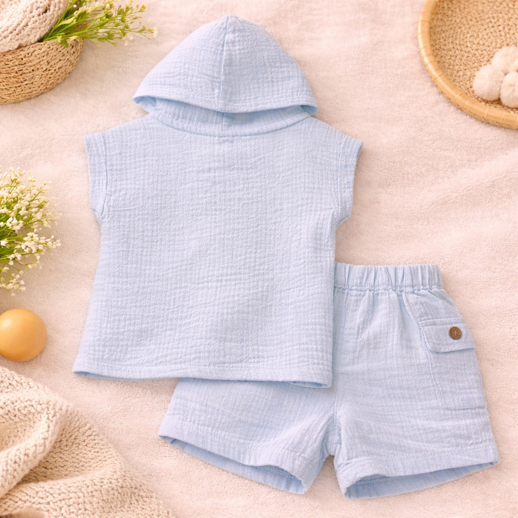 TOFFY HOUSE Baby Boys Sky Blue Hooded Cotton Co-Ord Set (T-Shirt & Shorts) | Soft Summer Outfit | 9 Months to 3 Years