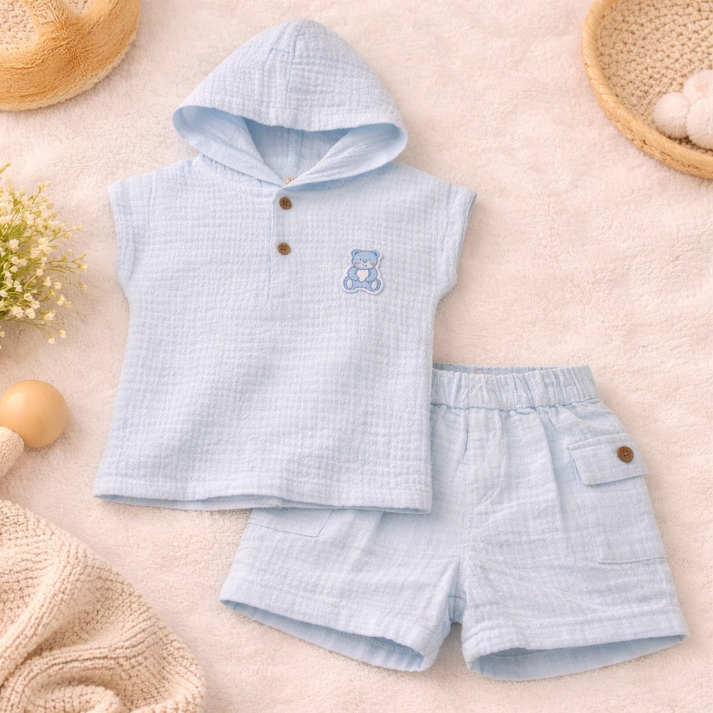 TOFFY HOUSE Baby Boys Sky Blue Hooded Cotton Co-Ord Set (T-Shirt & Shorts) | Soft Summer Outfit | 9 Months to 3 Years