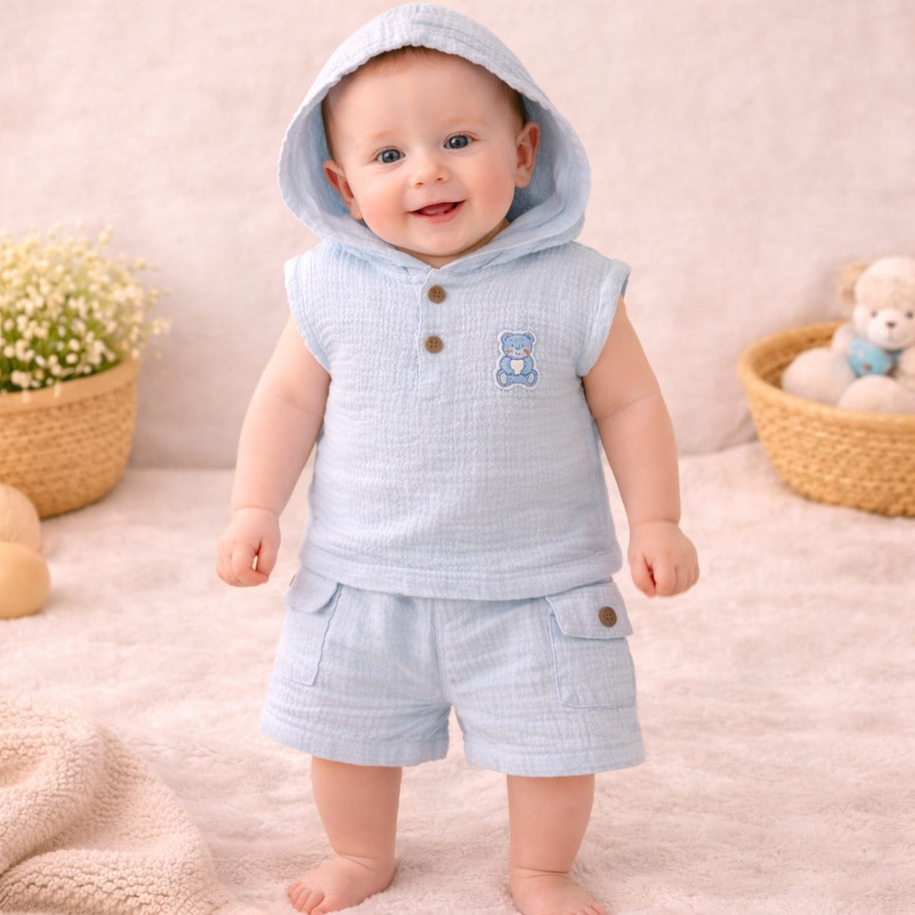 TOFFY HOUSE Baby Boys Sky Blue Hooded Cotton Co-Ord Set (T-Shirt & Shorts) | Soft Summer Outfit | 9 Months to 3 Years