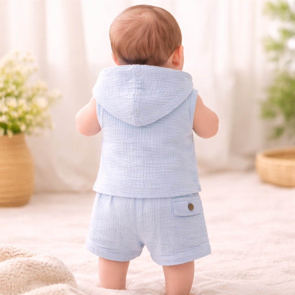 TOFFY HOUSE Baby Boys Sky Blue Hooded Cotton Co-Ord Set (T-Shirt & Shorts) | Soft Summer Outfit | 9 Months to 3 Years