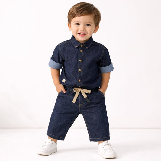 DONOO Boys Dark Blue Denim Shirt & Capri Pants Set | Stylish Kids Denim Co-Ord Outfit (18 Months – 14 Years)