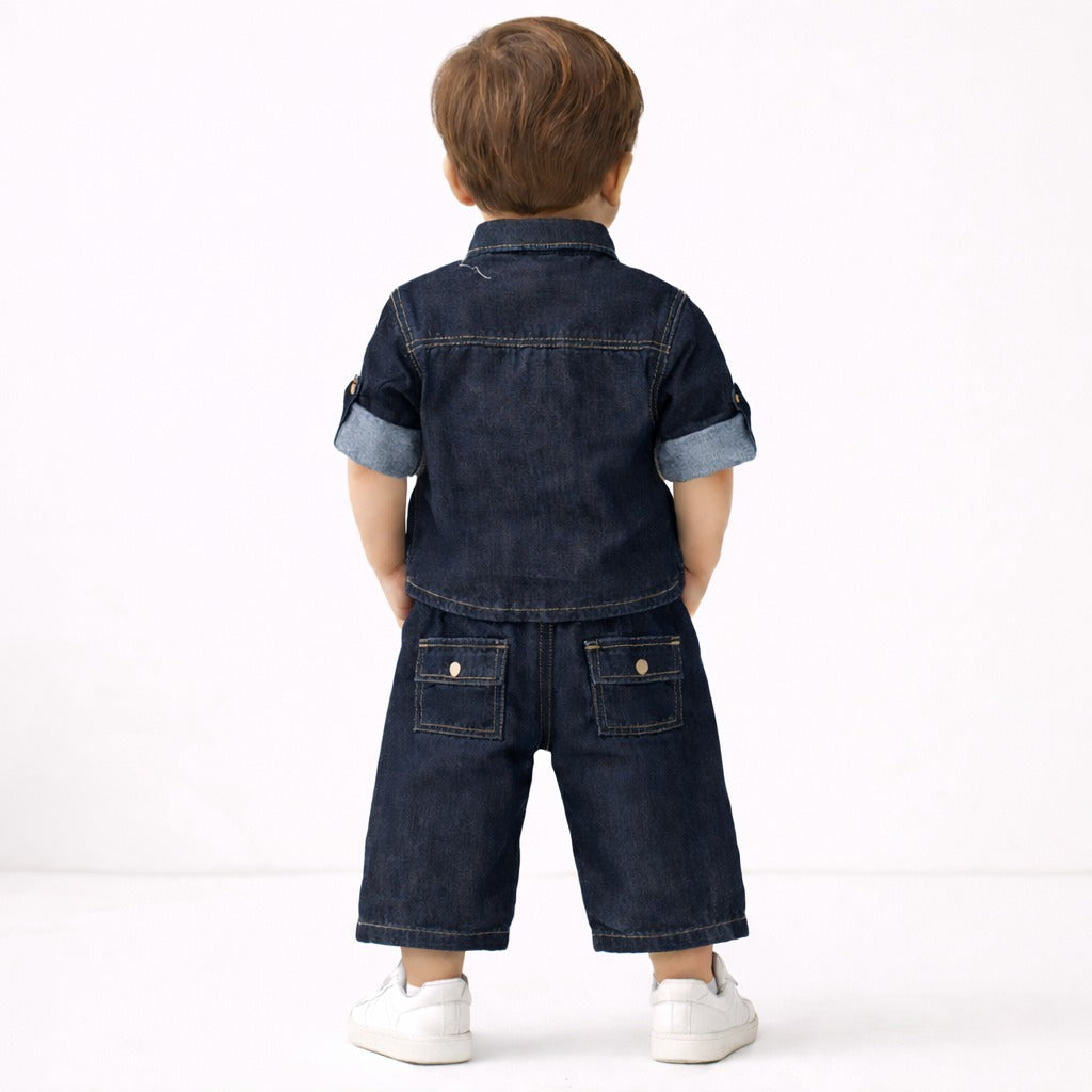 DONOO Boys Dark Blue Denim Shirt & Capri Pants Set | Stylish Kids Denim Co-Ord Outfit (18 Months – 14 Years)