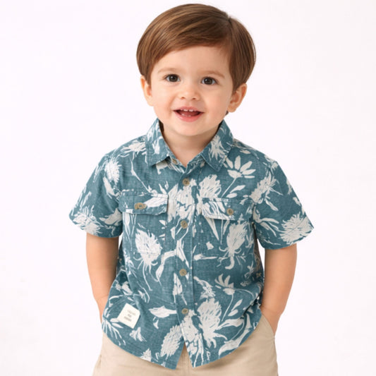 DONOO Boys Green Floral Printed Cotton Shirt | Stylish Half Sleeve Casual Shirt for Kids (18 Months – 14 Years)