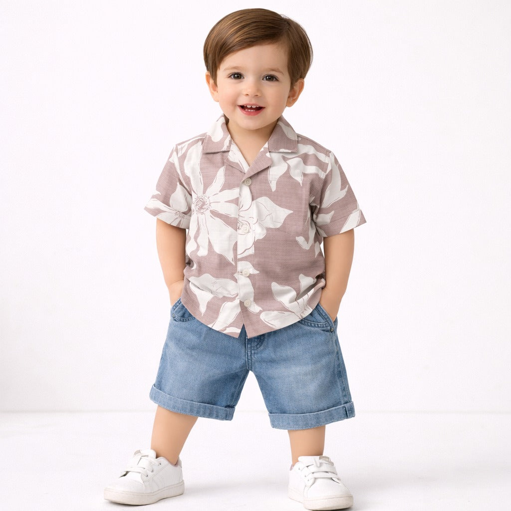DONOO Baby Boys Floral Print Shirt & Denim Shorts Set – Pink | 6 Months to 24 Months